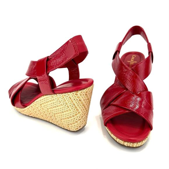 Cole Haan Platform Wedge Sandal Size 9.5 Red Leather Beige Jute Sling Back Comfy - Picture 3 of 16